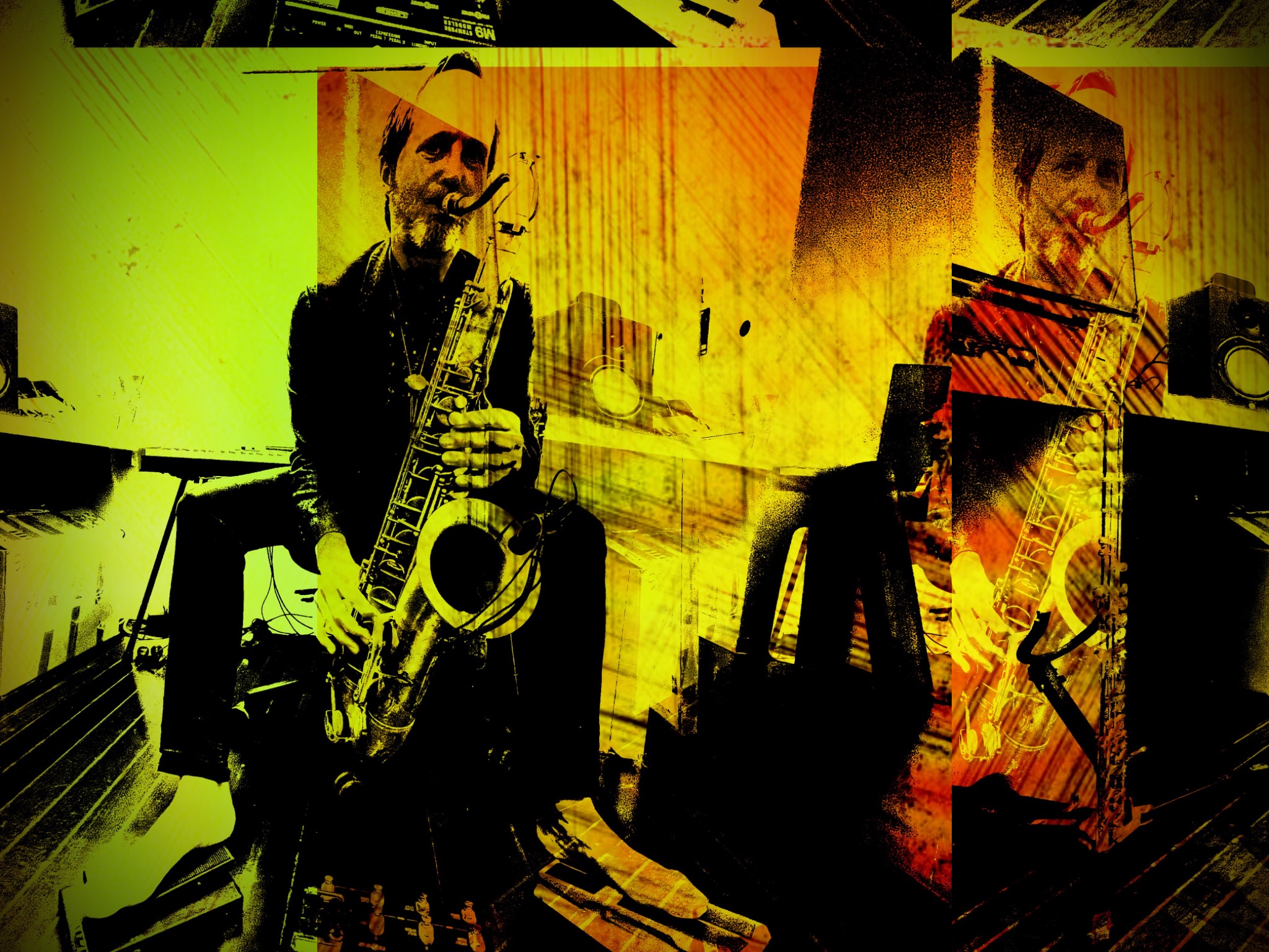 Layered image of Remco Keijzer performing with saxophone and electronics